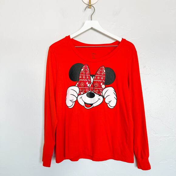 Disney Red Minnie Mouse Winter Bow Long Sleeve Tee Large - Picture 4 of 4